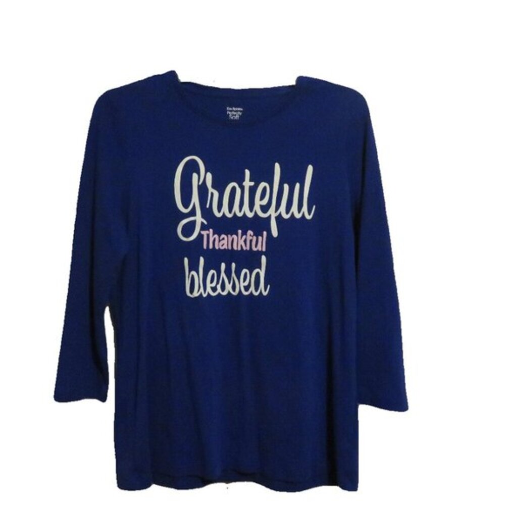 Kim‎ Rogers Blue 3/4 Sleeve T-Shirt Grateful Thankful Blessed